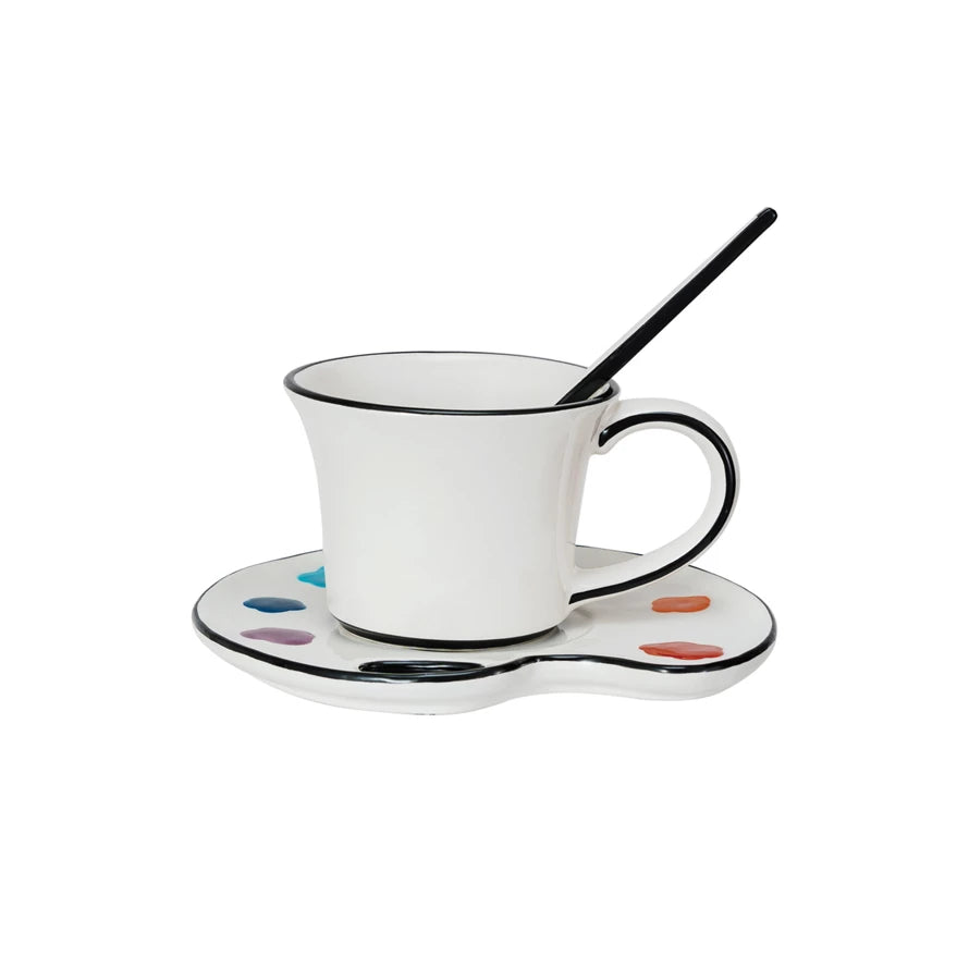 Ceramic Paint Palette Saucer w/ Teacup & Brush Shaped Stirrer -Creative Co-Op