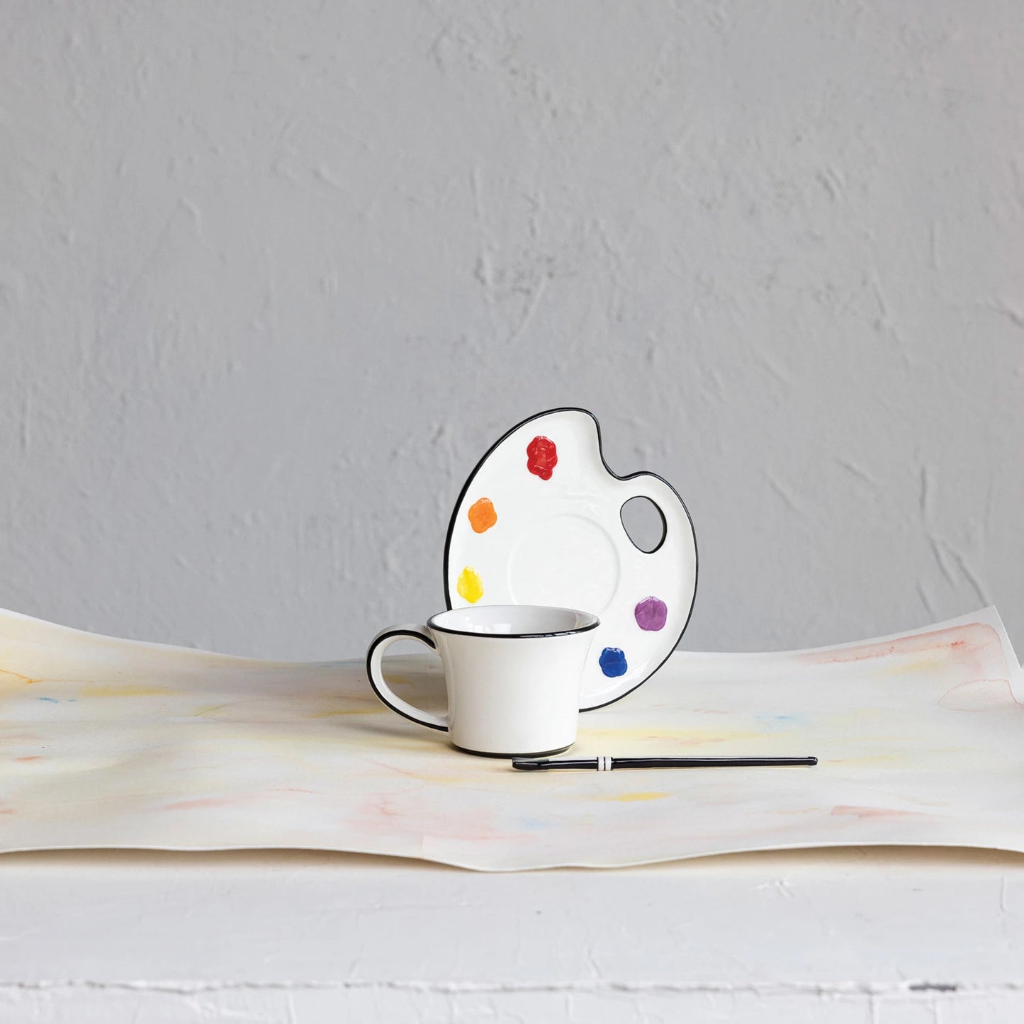 Ceramic Paint Palette Saucer w/ Teacup & Brush Shaped Stirrer -Creative Co-Op