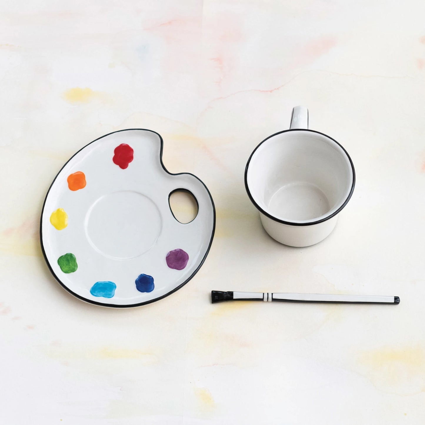 Ceramic Paint Palette Saucer w/ Teacup & Brush Shaped Stirrer -Creative Co-Op