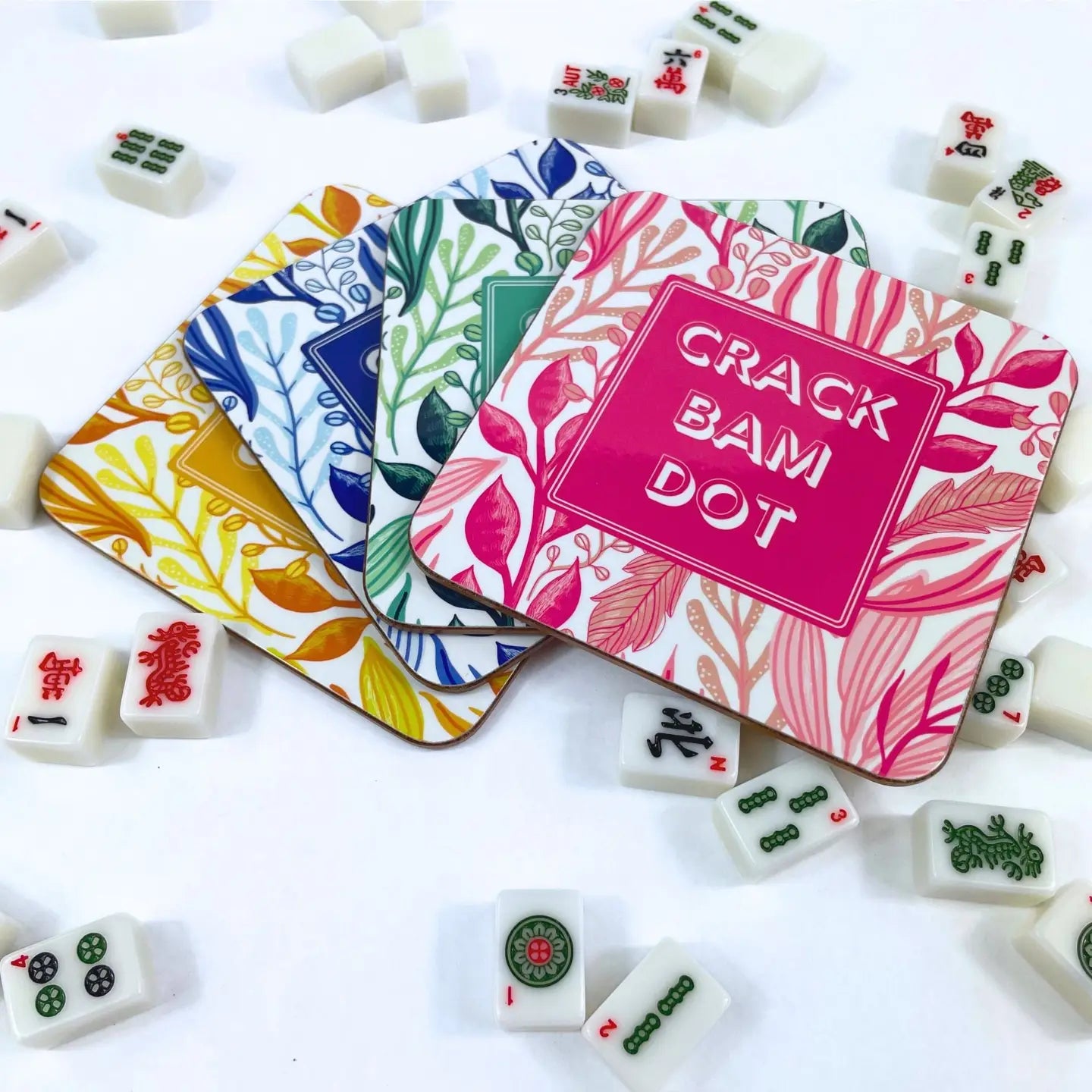 Mahjong Floral Coasters, Set of 4, Pink