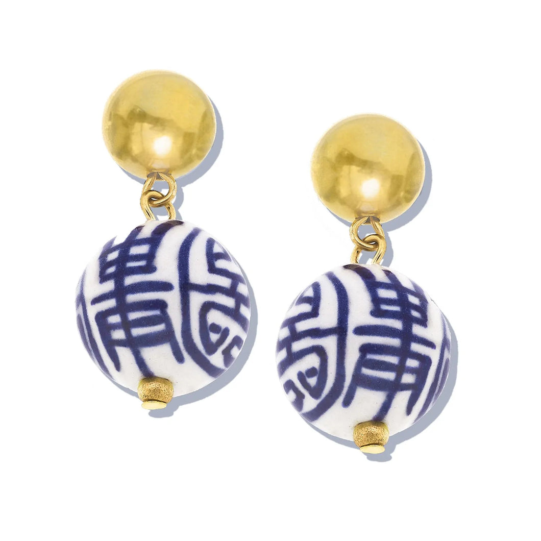 Susan Shaw-Gold Plated Ball & Hand Painted Blue & White Porcelain Drop Earrings