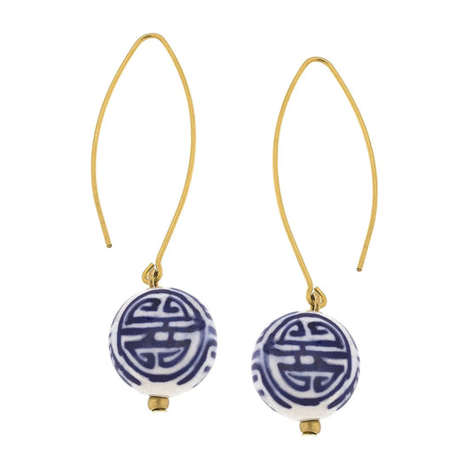 Susan Shaw-Gold Threader & Hand Painted Blue & White Porcelain Ball Earrings