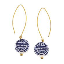 Load image into Gallery viewer, Susan Shaw-Gold Threader &amp; Hand Painted Blue &amp; White Porcelain Ball Earrings
