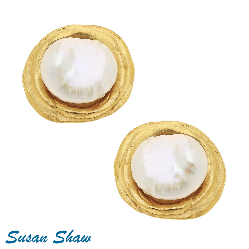 Susan Shaw-Handcast Gold & White Coin Pearl Earrings