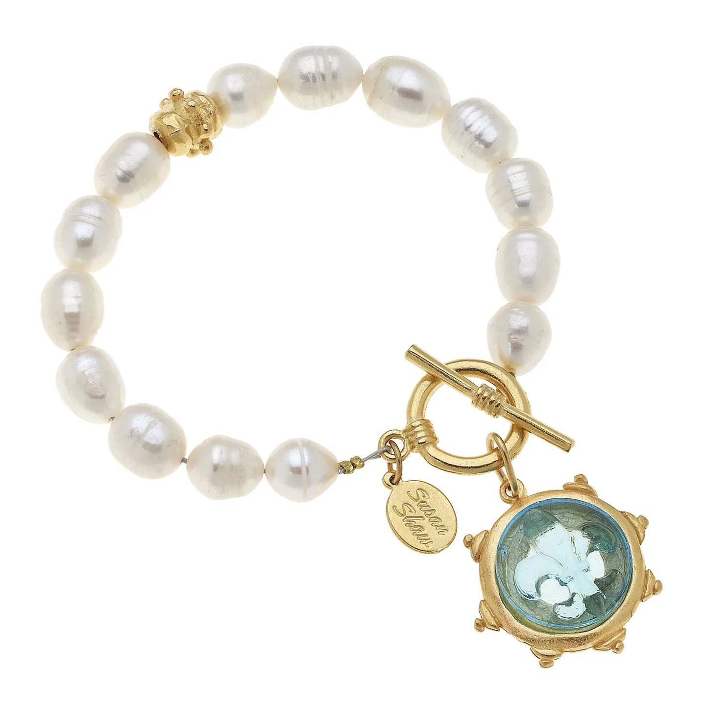 Susan Shaw- Gold and Aqua Venetian Glass Coin Freshwater Pearl Bracelet