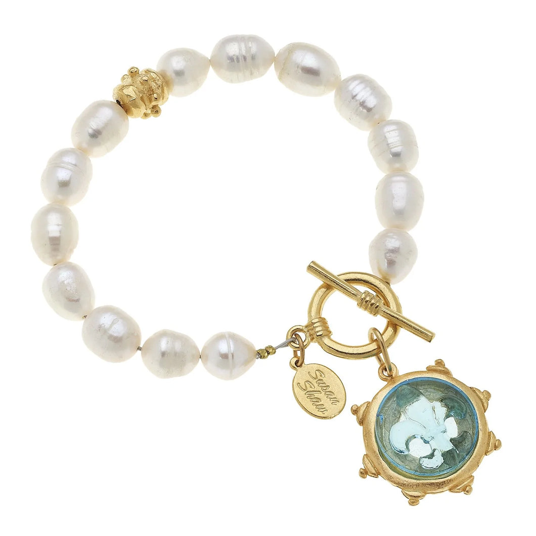 Susan Shaw- Gold and Aqua Venetian Glass Coin Freshwater Pearl Bracelet