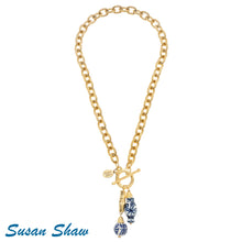 Load image into Gallery viewer, Susan Shaw-Hand Painted Blue &amp; White Porcelain &amp; Bamboo Drop Gold Toggle Necklace
