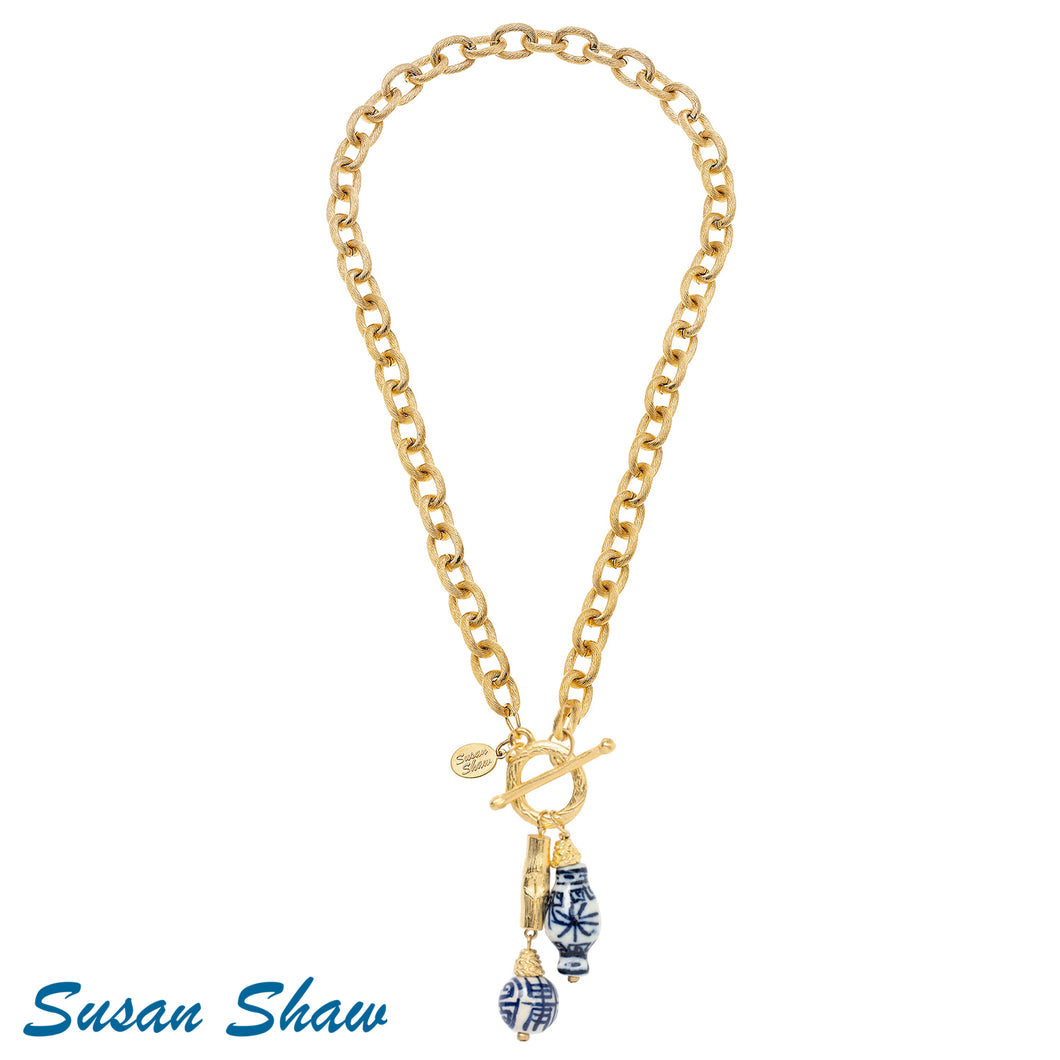 Susan Shaw-Hand Painted Blue & White Porcelain & Bamboo Drop Gold Toggle Necklace