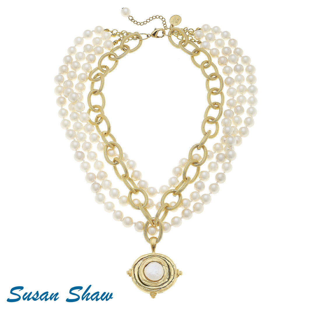 Susan Shaw-Gold Oval & Freshwater Pearl Four Strand Necklace