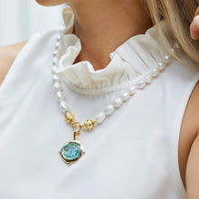 Load image into Gallery viewer, Susan Shaw-Freshwater Pearl with Aqua Venetian Glass Coin Necklace
