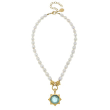 Load image into Gallery viewer, Susan Shaw-Freshwater Pearl with Aqua Venetian Glass Coin Necklace
