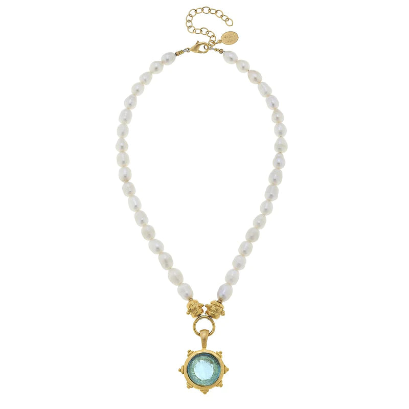 Susan Shaw-Freshwater Pearl with Aqua Venetian Glass Coin Necklace